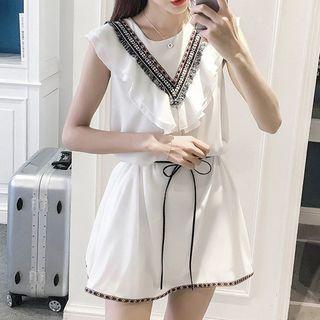 Ruffle Trim Embroidered Sleeveless Chiffon Dress