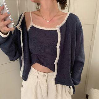 Long-sleeve Contrast Trim Cardigan / Contrast Trim Camisole