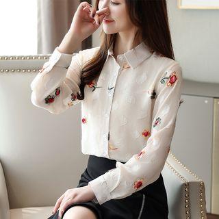 Long-sleeve Flower Embroidery Chiffon Shirt