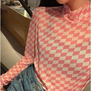 Mock-neck Argyle T-shirt Pink - One Size