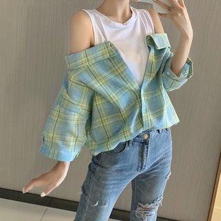 Mock Two-piece Plaid Shirt Plaid - Green - One Size