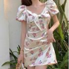 Puff-sleeve Bow Floral Print Mini Sheath Dress