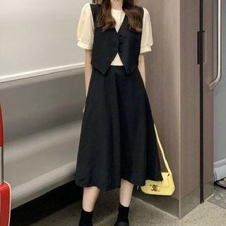 Short-sleeve Mock Three-piece A-line Midi Dress