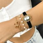 Set Of 3: Faux Pearl Bracelet + Chain Bracelet 0229 - Set Of 3 - Gold - One Size