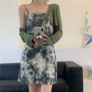 Set: Plain Light Jacket + Tie-dyed Sleeveless Dress As Figure - One Size
