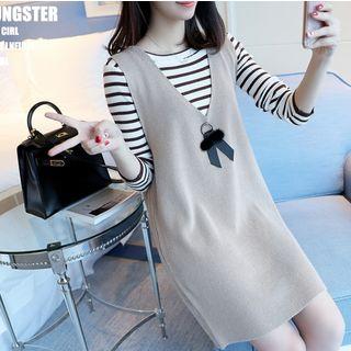 Set: Long-sleeve Striped Top + Mini Pinafore Knit Dress