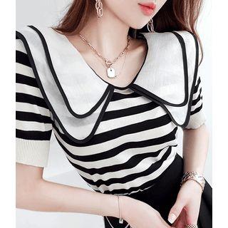 Layer-collar Stripe Knit Top Beige - One Size