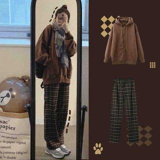Set Of 2: Hooded Jacket + Plaid Pants