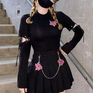 Detachable-sleeve Graphic Patch Crop Top Black - One Size