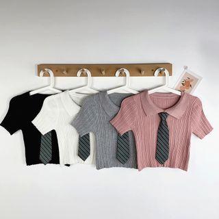 Collared Short-sleeve Cropped Knit Top With Necktie