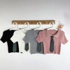 Collared Short-sleeve Cropped Knit Top With Necktie