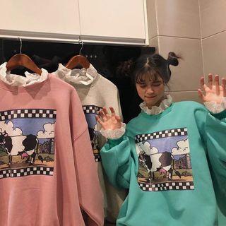 Cow Print Eyelet Lace Panel Sweatshirt
