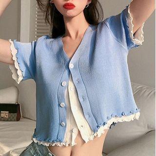 Short-sleeve Mock Two-piece Lettuce Edge Cropped Cardigan