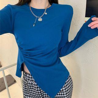 Long-sleeve Plain Top / Houndstooth Wide-leg Pants
