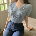 Pom Pom Short-sleeve Slim-fit Knit Top / Loose-fit Pants