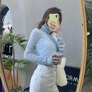 Long-sleeve Rhinestone Turtleneck Knit Top
