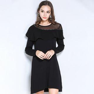 Frill Long-sleeved Crewneck Plain Sheath Dress