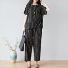 Set : Striped Short-sleeve T Shirt + Cropped Pants