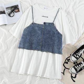 Letter Embroidered Short-sleeve T-shirt / Denim Camisole