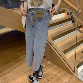 High-waist Washed Button-up A-line Split Skirt