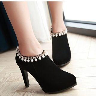 Faux Pearl High Heel Ankle Boots
