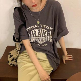 Elbow-sleeve Lettering Print T-shirt / Slit-hem Midi Pencil Skirt