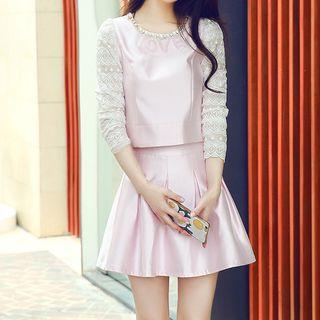 Set: Embellished Lace Panel Long-sleeve Top + A-line Skirt