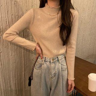 Semi High-neck Plain Knit Top With Necklace