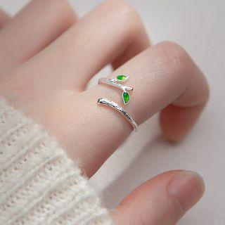 Leaf Open Ring 1 Pc - S925 Silver - Silver & Green - One Size