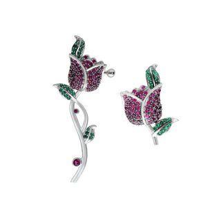 Fashion And Elegant Rose Flower Asymmetric Earrings With Red Cubic Zirconia Silver - One Size