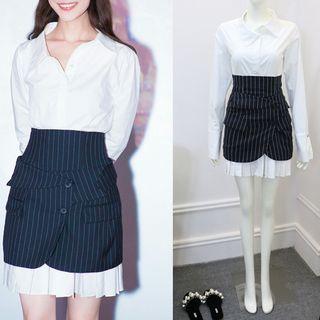 Long-sleeve Plain Shirtdress / Striped Pencil Skirt
