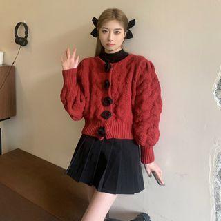 Puff-sleeve Floral Cardigan Red - One Size