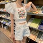 Embroidered Crop Top White - One Size