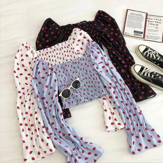 Print Square-neck Puff-sleeve Blouse