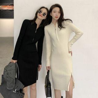 Half-zip Slit Knit Sheath Dress
