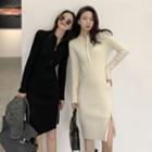 Half-zip Slit Knit Sheath Dress