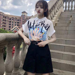 Set: Short-sleeve Print Chiffon Shirt + High-waist Shorts