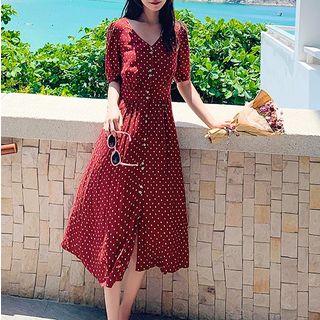 Dotted Short-sleeve Buttoned A-line Midi Dress