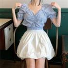 Checked Short-sleeve Crop Top / High-waist Mini A-line Skirt