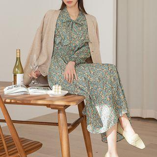 Scarf-neck Floral Long Dress