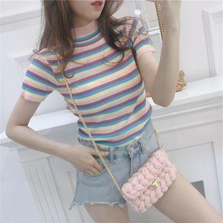 Rainbow Stripe Turtle-neck Short-sleeve Rib Knit Top Stripes - One Size