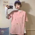 Elbow-sleeve Embroidered T-shirt / Long-sleeve Mock Neck T-shirt / Set