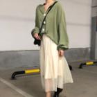 Balloon-sleeve Shirt / Midi A-line Skirt