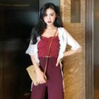 Dotted Camisole Top / Lace-up Jacket / High Waist Wide-leg Pants