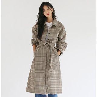 Tie-waist Loose-fit Plaid Long Tweed Coat