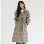Tie-waist Loose-fit Plaid Long Tweed Coat