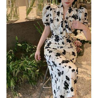 Puff-sleeve Print Blouse / Slit Midi Pencil Skirt