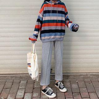Set: Striped Hoodie + Plain Straight-cut Sweatpants
