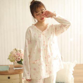 Loungewear Set: Frill-trim Floral Print Shirt + Pants