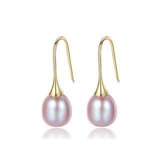 Sterling Silver Plated Gold Simple Elegant Purple Freshwater Pearl Earrings Golden - One Size